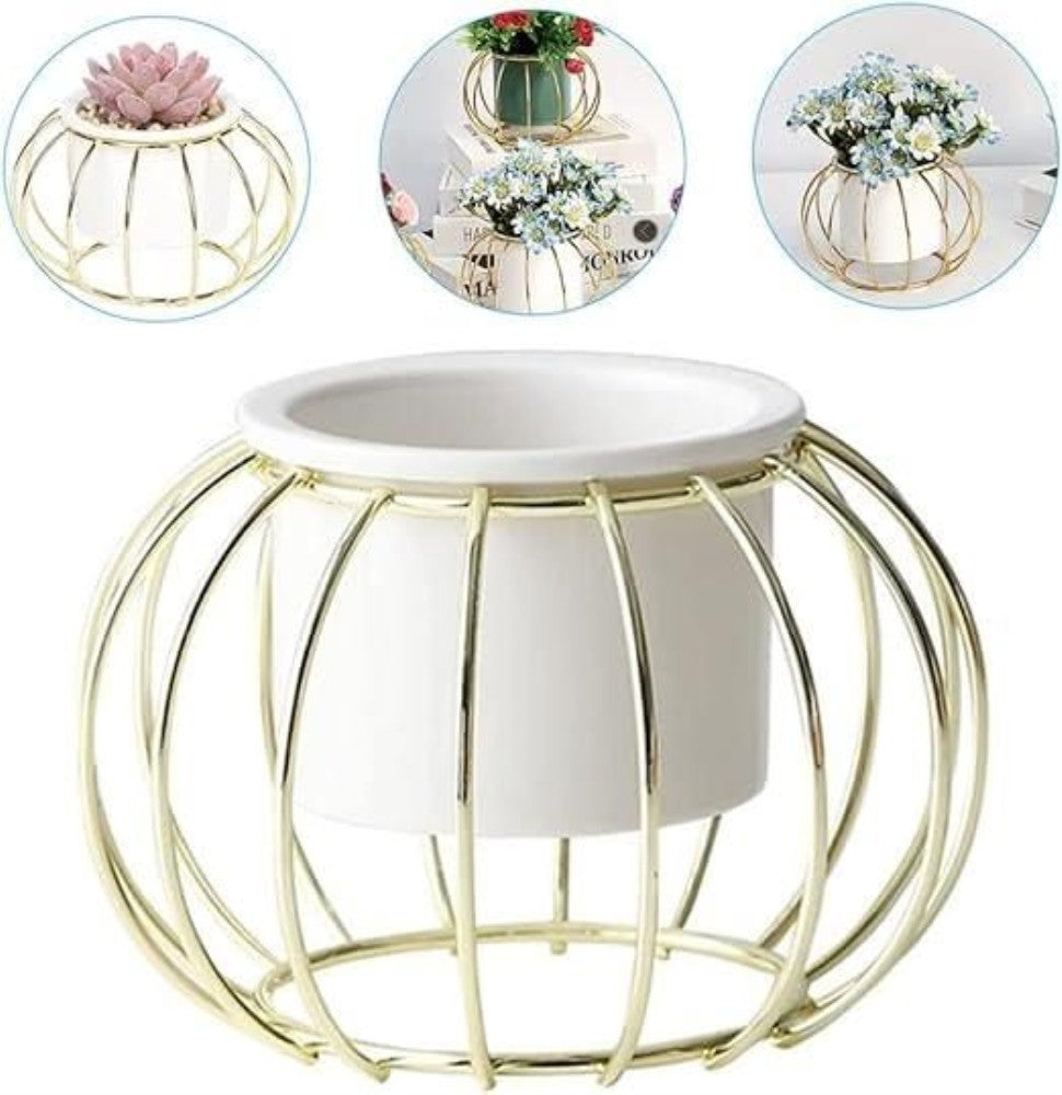Abstract Round Glass Decor Pot with Golden Cage - curved