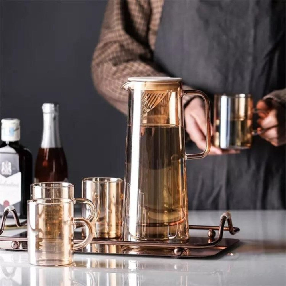 Glass Pitcher Set with Mirror Tray