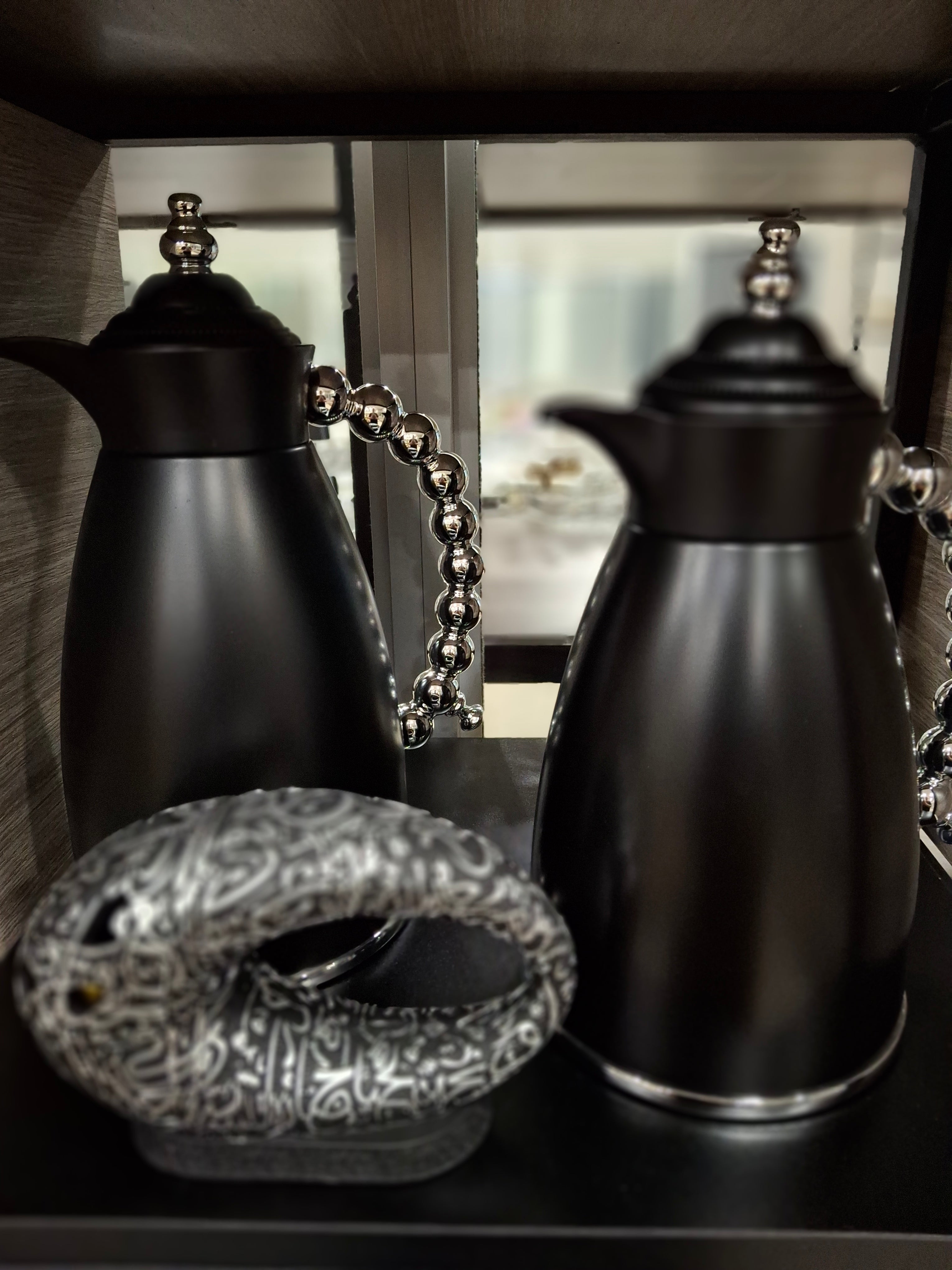 Flasks- Modern Designer collection with "beaded" handles Set of Two Blk/silver