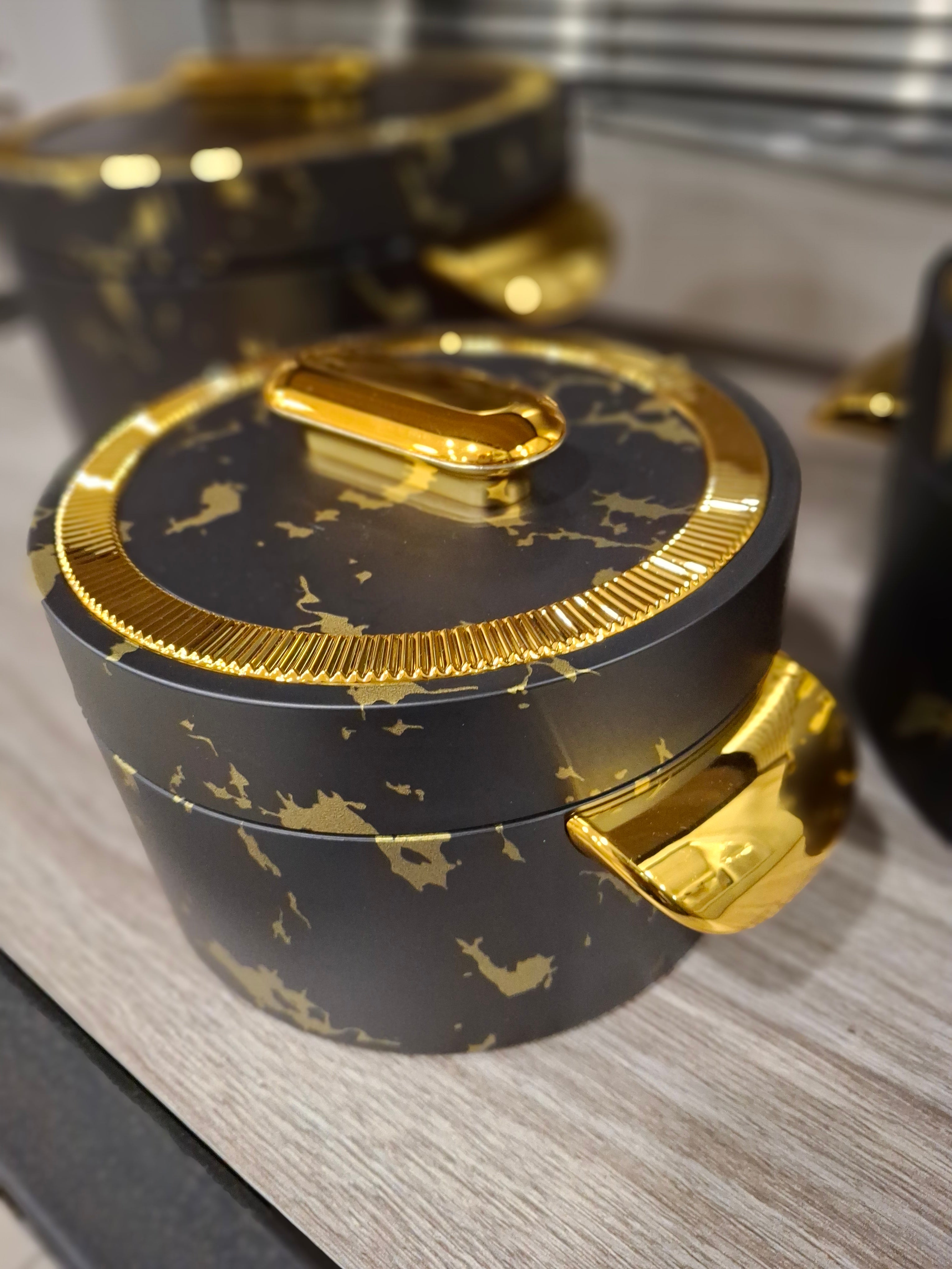 Food Flask/warmer Blk and Gold Marble Effect Round w/handles Set of 3