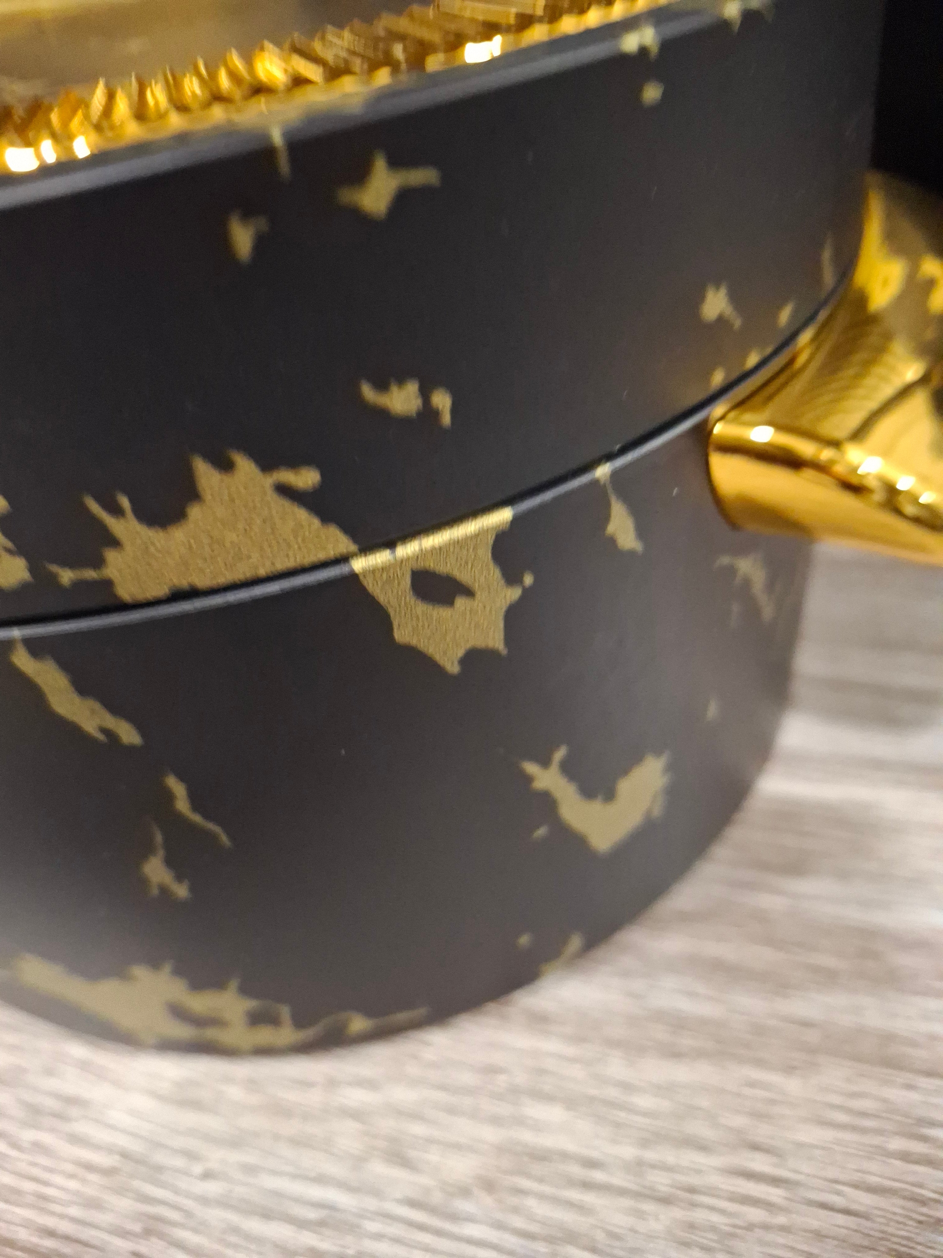 Food Flask/warmer Blk and Gold Marble Effect Round w/handles Set of 3
