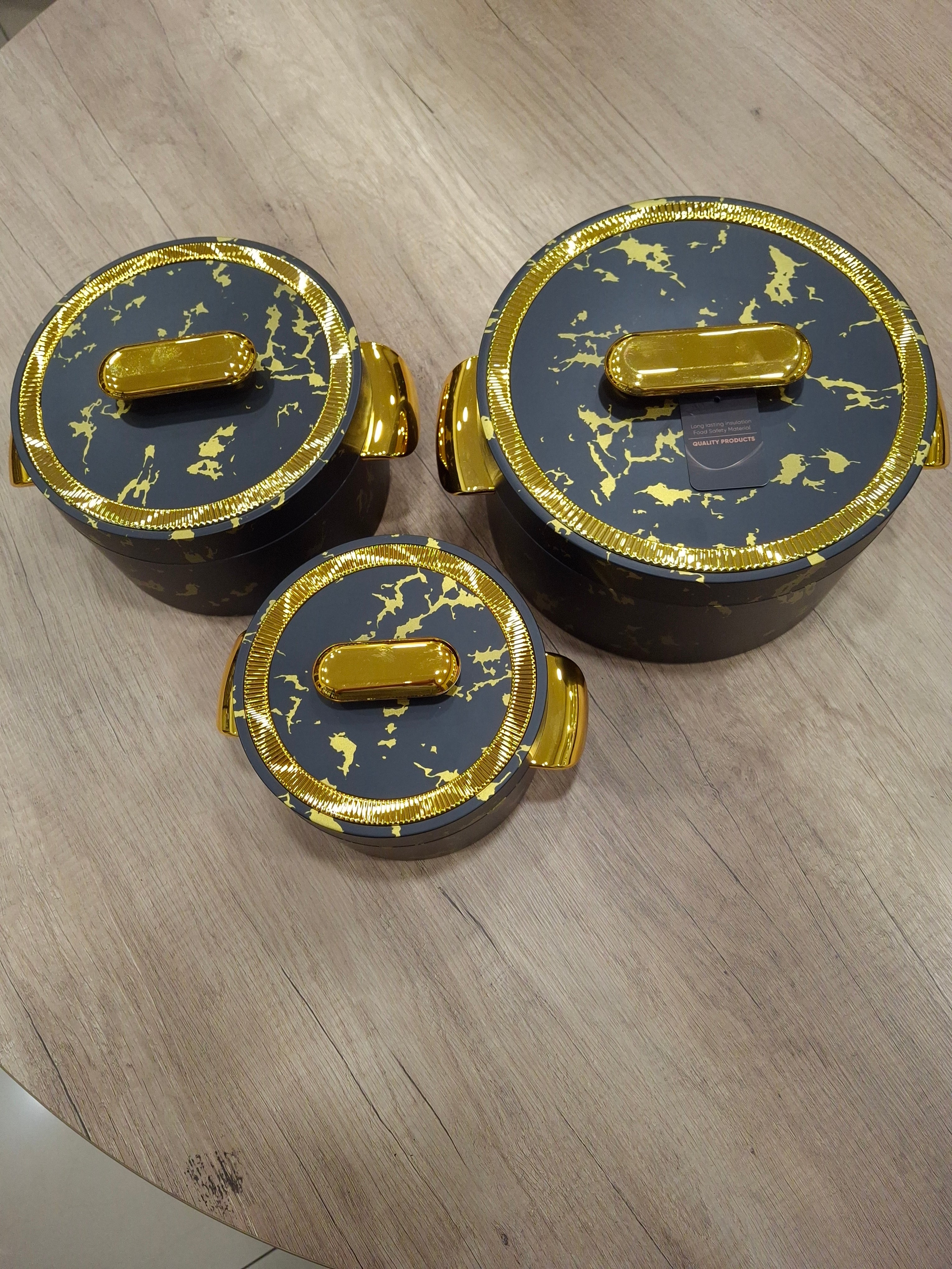 Food Flask/warmer Blk and Gold Marble Effect Round w/handles Set of 3