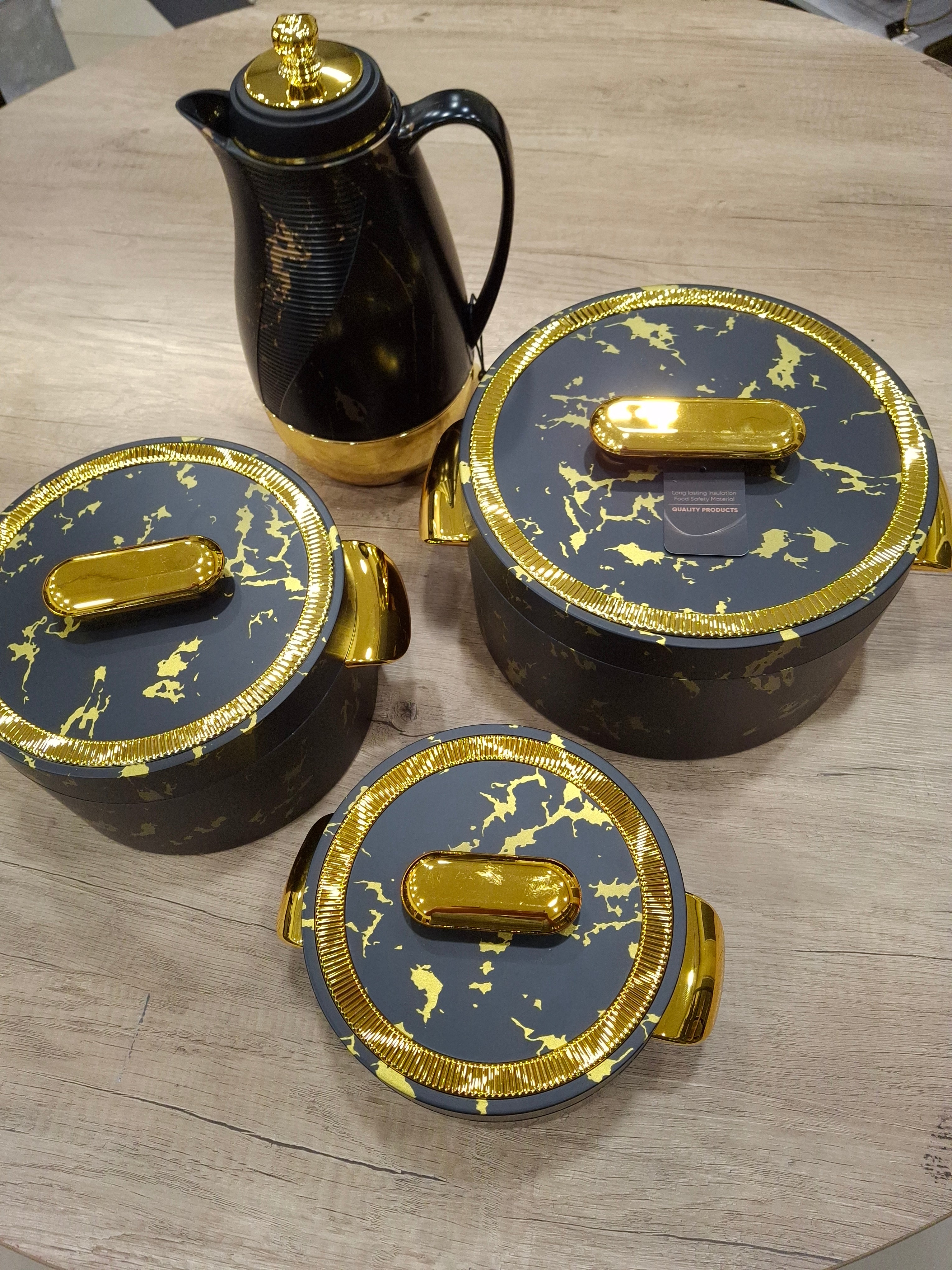 Food Flask/warmer Blk and Gold Marble Effect Round w/handles Set of 3