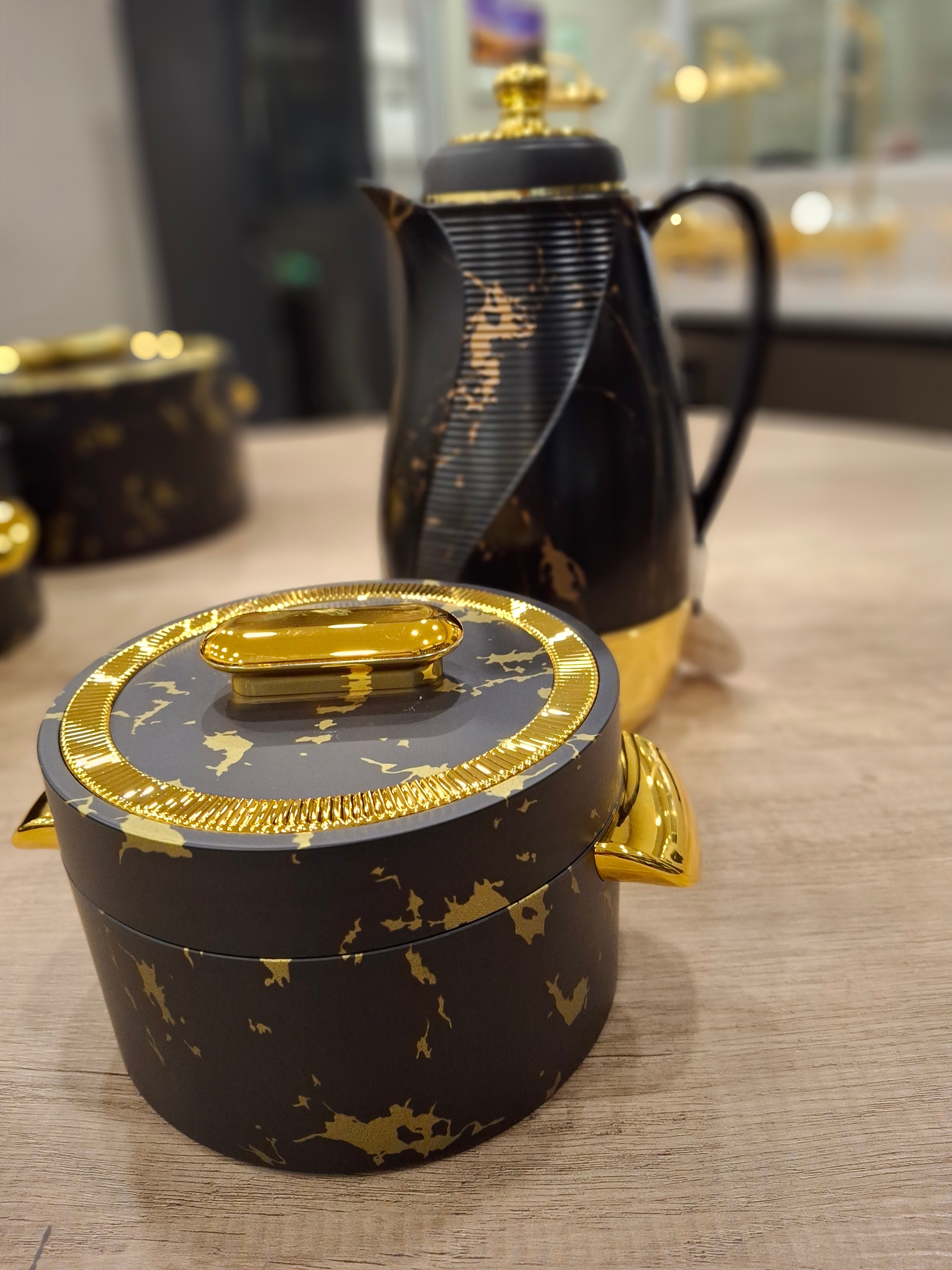 Food Flask/warmer Blk and Gold Marble Effect Round w/handles Set of 3