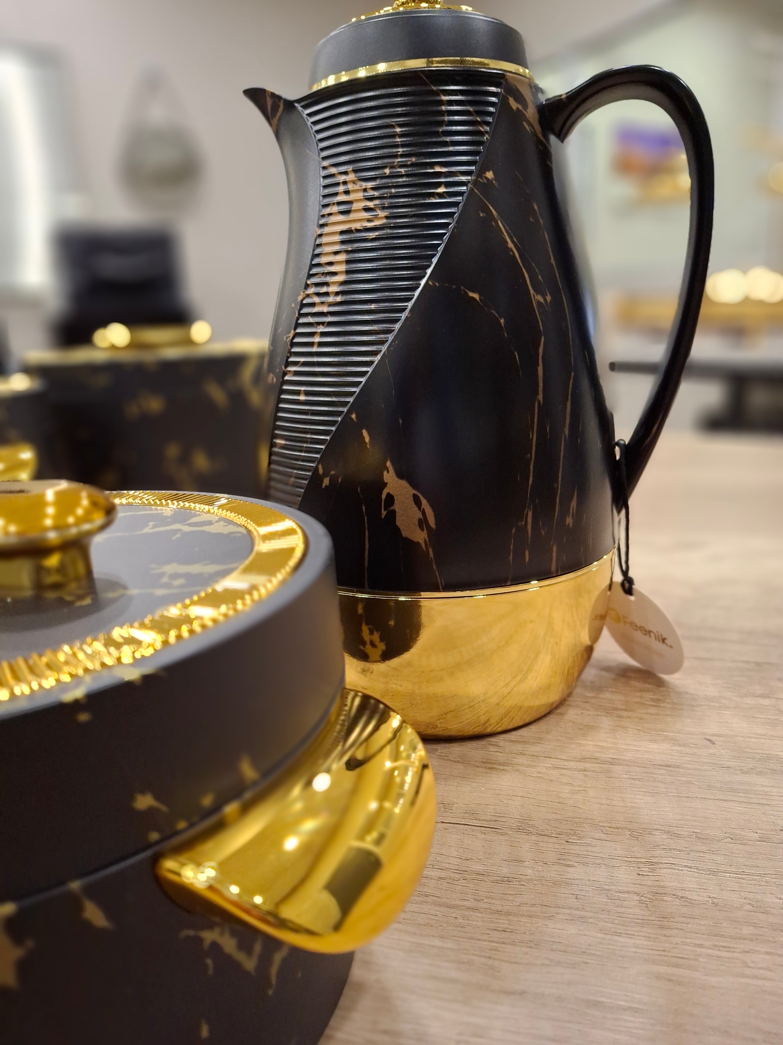 Food Flask/warmer Blk and Gold Marble Effect Round w/handles Set of 3