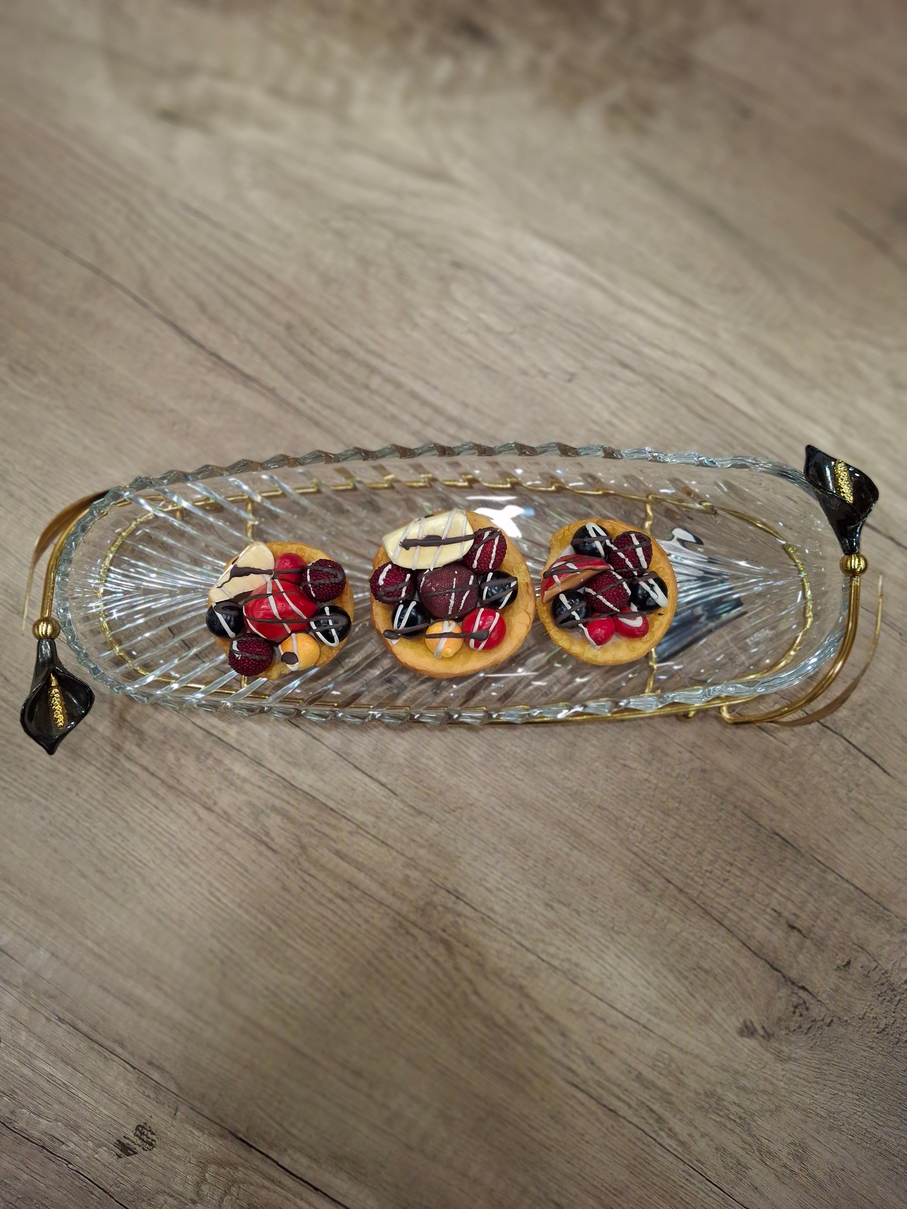 Shaped Glass Platter on golden stand with Black Lilly detail - END OF RANGE PRICED TO CLEAR