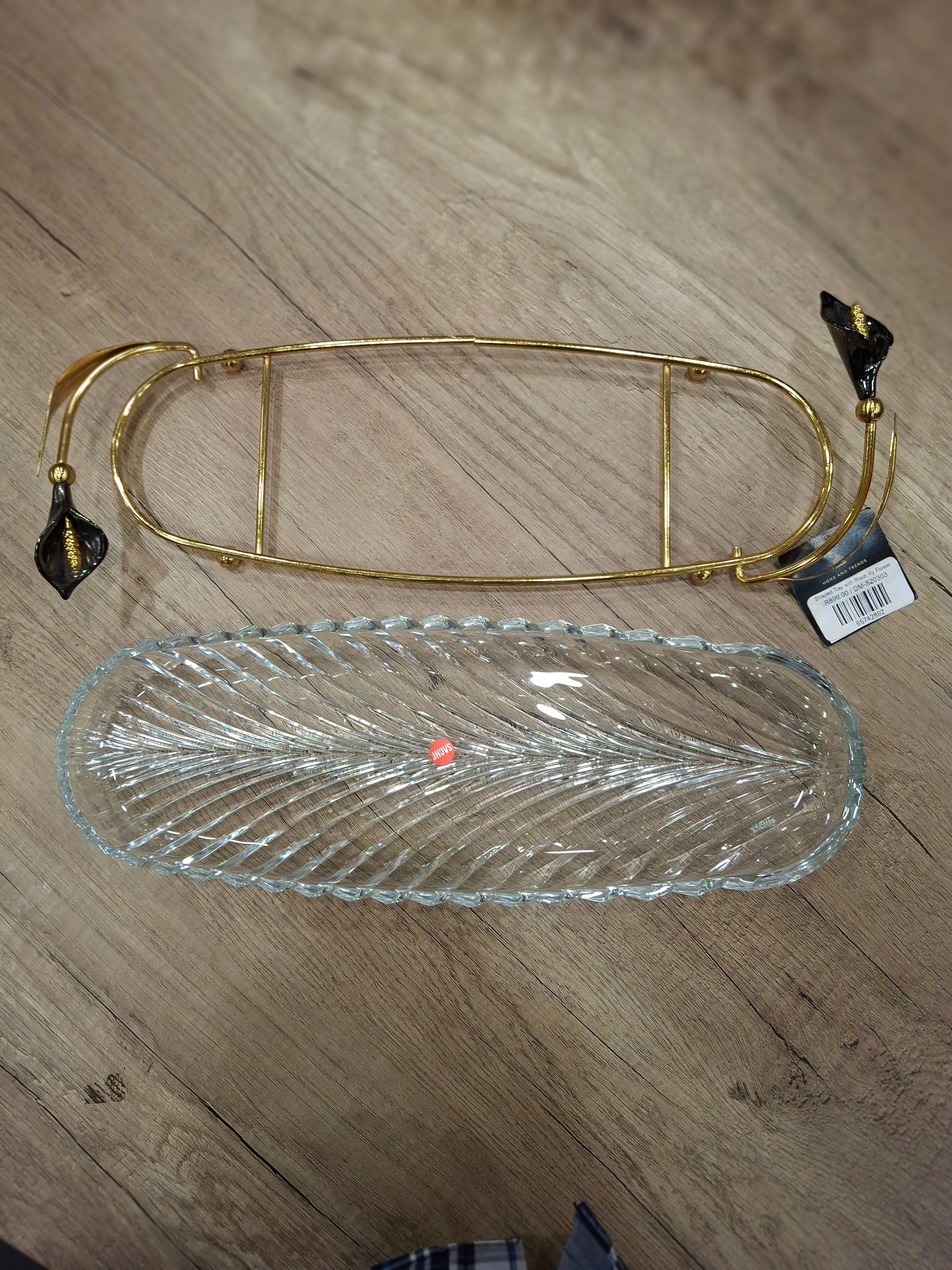 Shaped Glass Platter on golden stand with Black Lilly detail - END OF RANGE PRICED TO CLEAR
