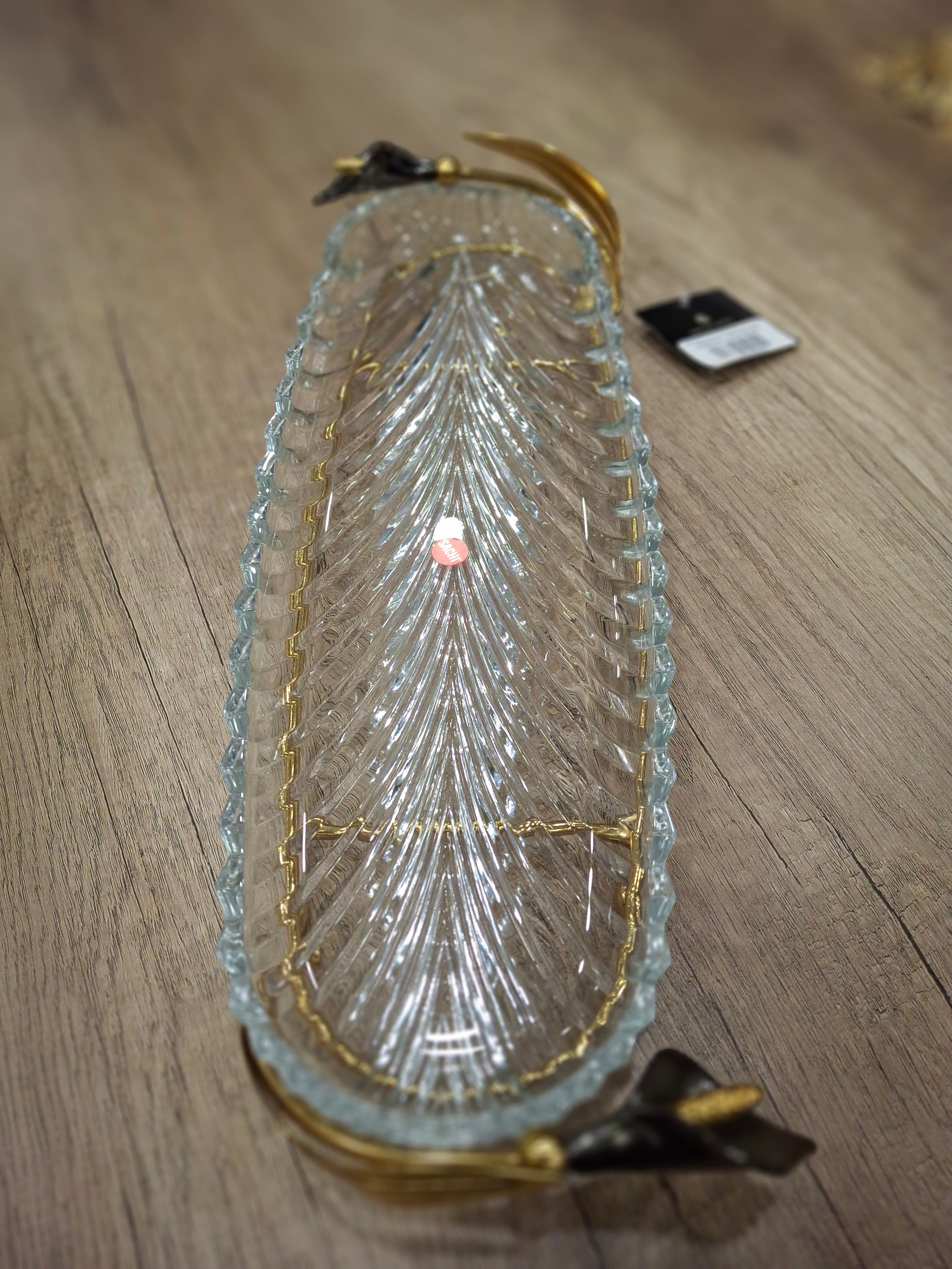 Shaped Glass Platter on golden stand with Black Lilly detail - END OF RANGE PRICED TO CLEAR