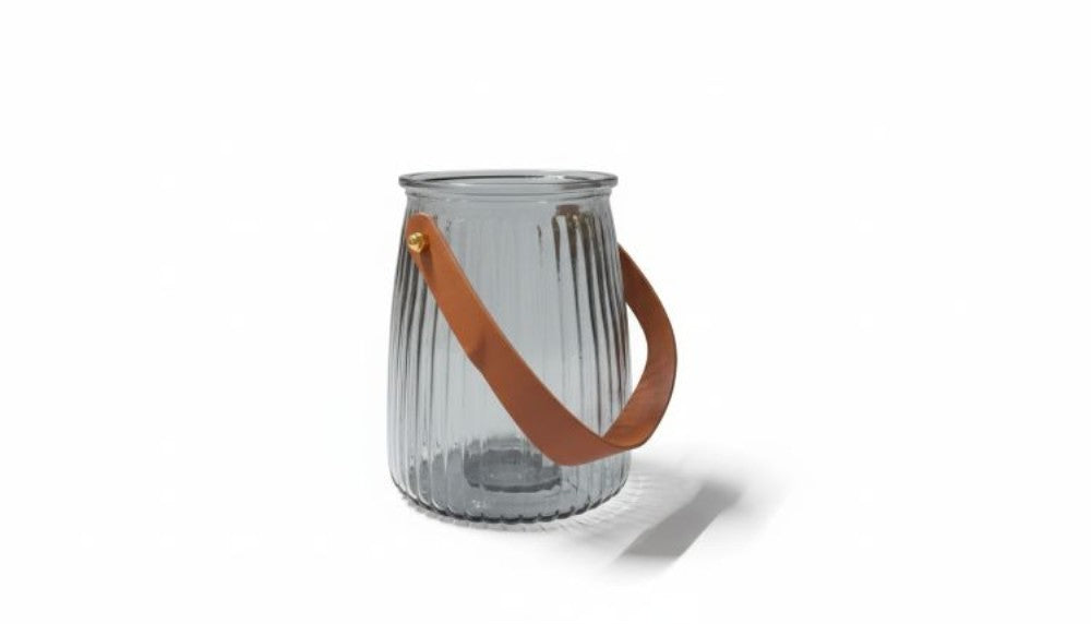 Vase short grey lines with leather look handle