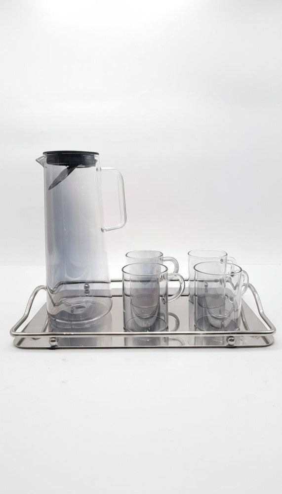 Glass Pitcher Set with Mirror Tray-CLEAR