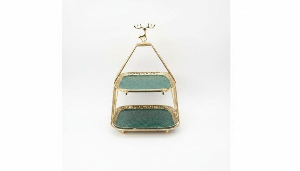 Two Tier Reindeer Server With Golden Detail-GREEN