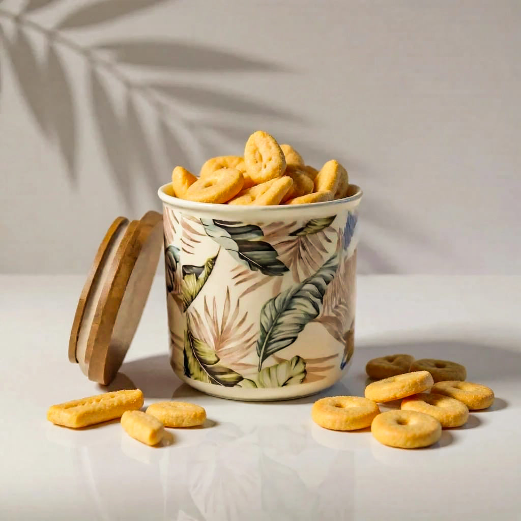 Abstract Ceramic Airtight Canister With Wooden Lid -PRICED TO CLEAR