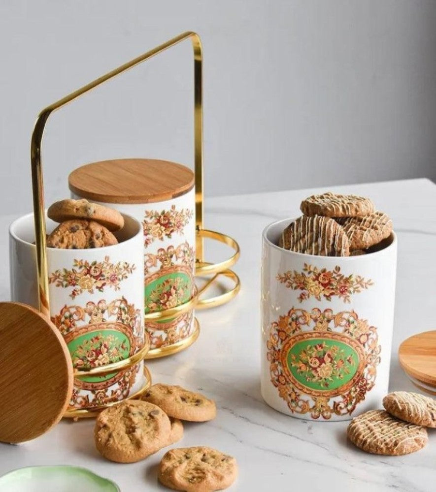 3pc Glass Jar Set With Metal Stand