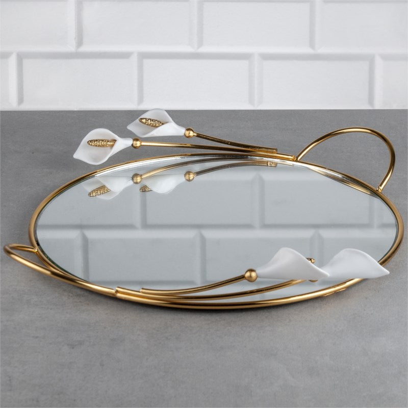 Round Mirror Tray with White Arum Lily