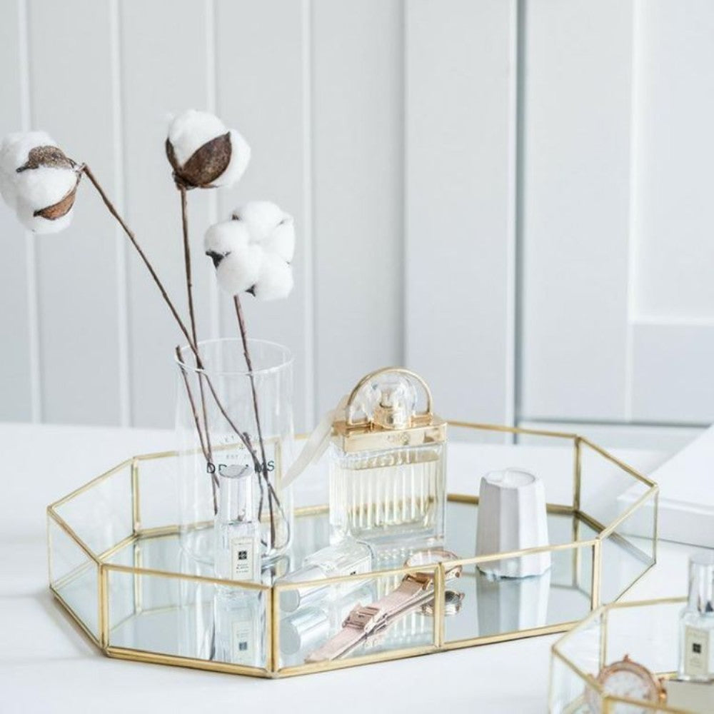 Hexagonal Glass Mirror Tray with Golden Frame