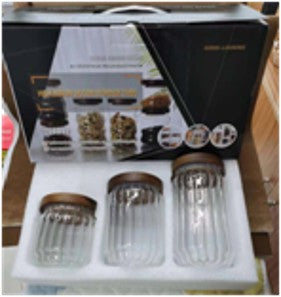 Cannister Set ribbed glass with Darkwood lids set of Three gift boxed