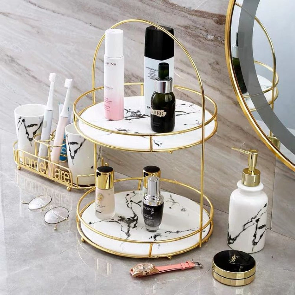 Two Tier Round Ceramic Display with Golden Stand - Large