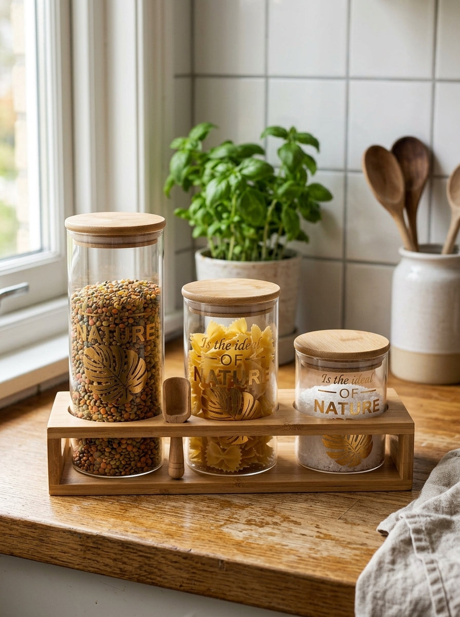 Glass Jar Set on Wooden Stand - Nature Detail