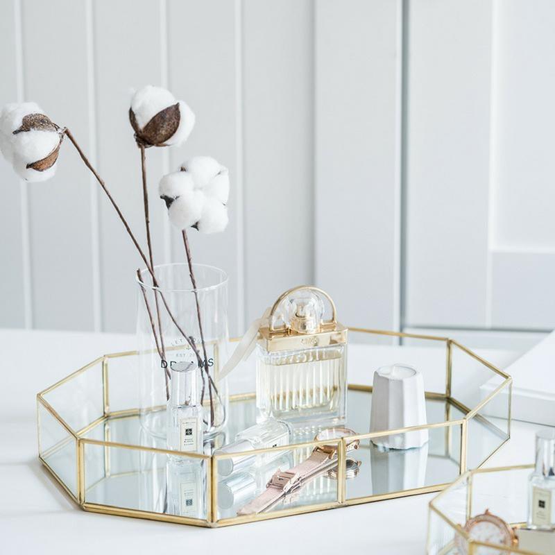 Hexagonal Glass Mirror Tray with Golden Frame - Home And Trends