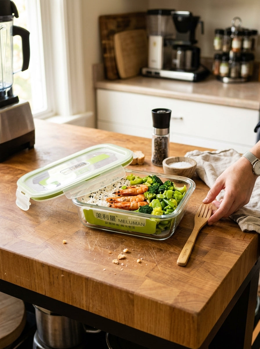 Glass Rect Food Container with Lockable Lid-Green