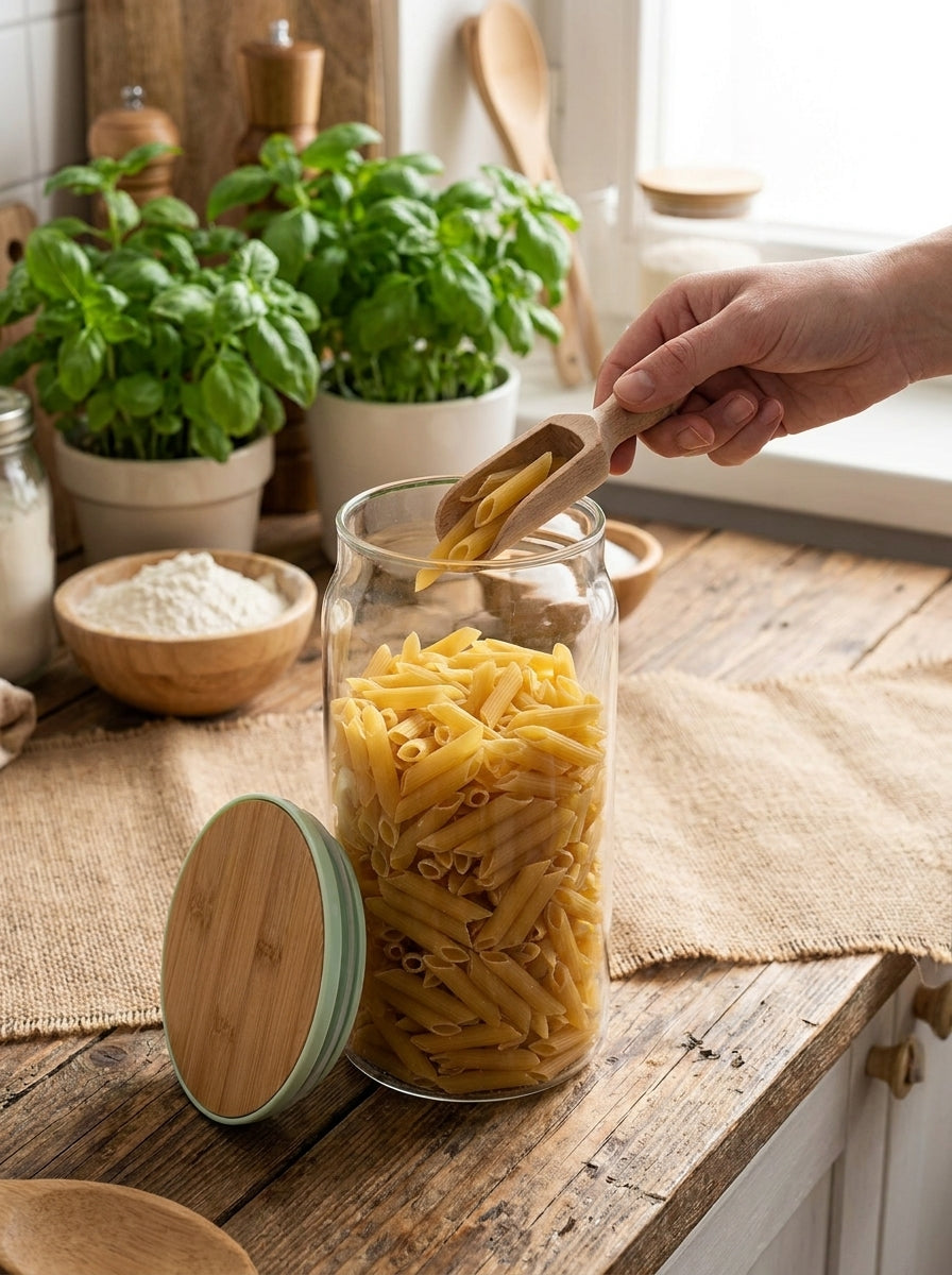 Curved Glass Storage Jar with Bamboo Lid Branded collection