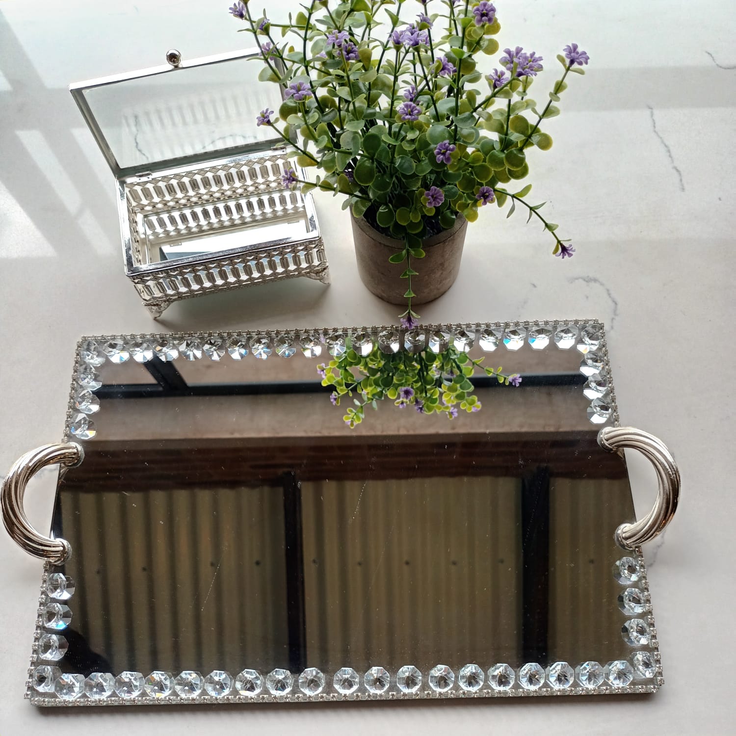 Rectangle Crystal Mirror Tray - Silver