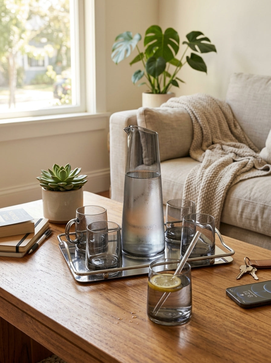 Glass Jug Set with Mirror Tray