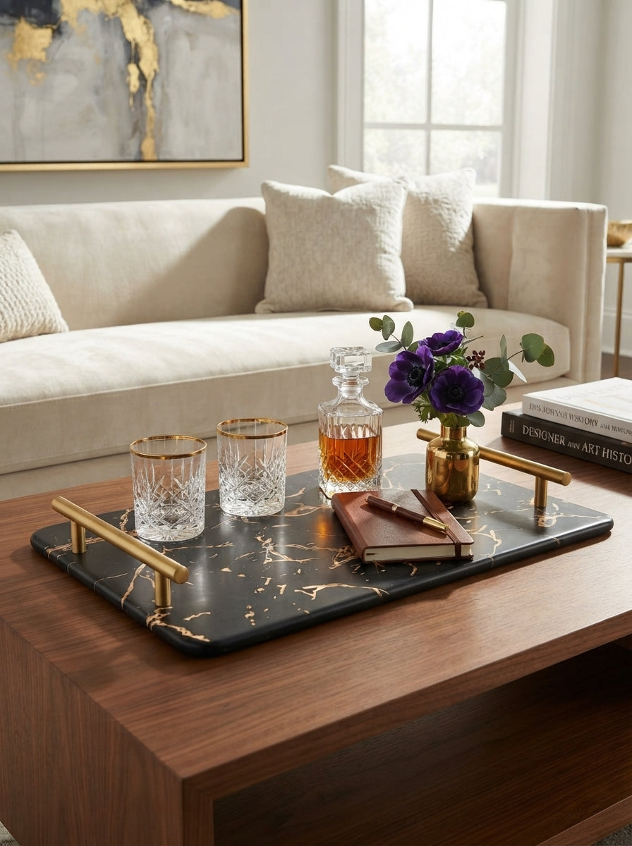 Large Rect Marble Design Serving Tray w/gold handles