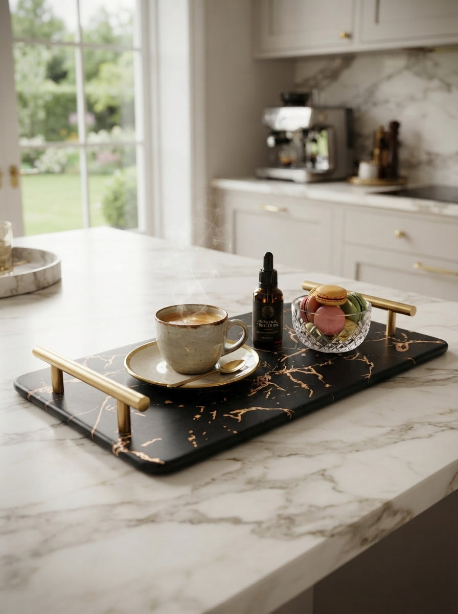 Large Rect Marble Design Serving Tray w/gold handles