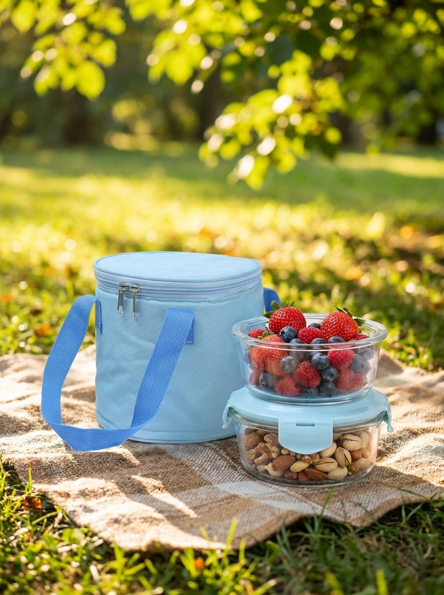x2 Glass Food Container Set (Lockable Lid) with Insulated Lunch Bag - Blue 3pc set