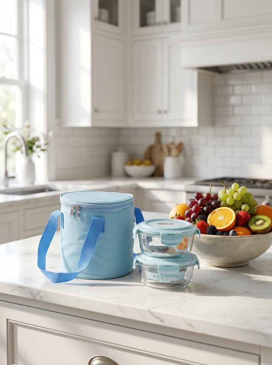 x2 Glass Food Container Set (Lockable Lid) with Insulated Lunch Bag - Blue 3pc set