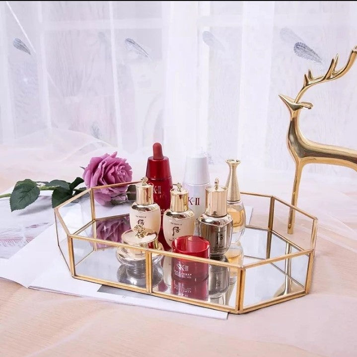 Hexagonal Glass Mirror Tray with Golden Frame