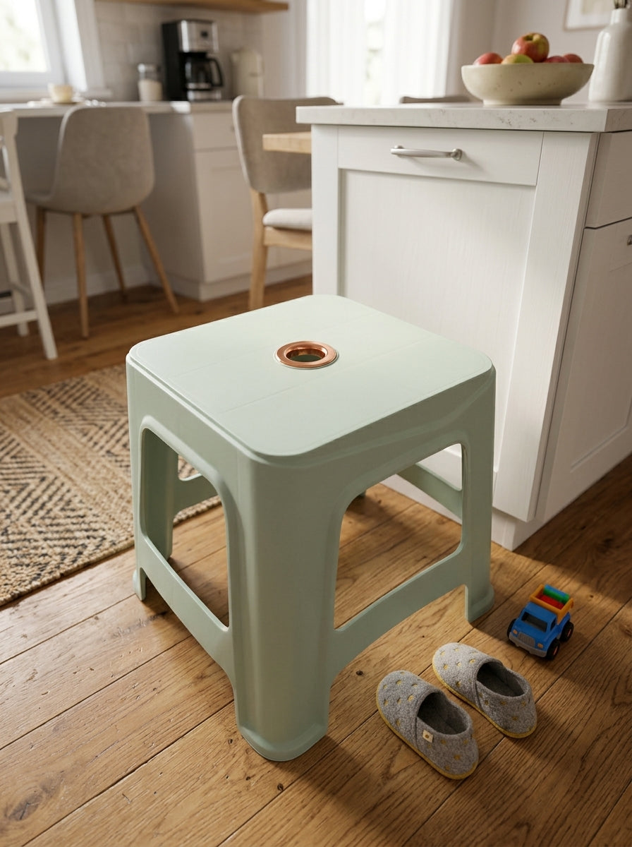 Stool With textured knitted surface and elegant gold rim