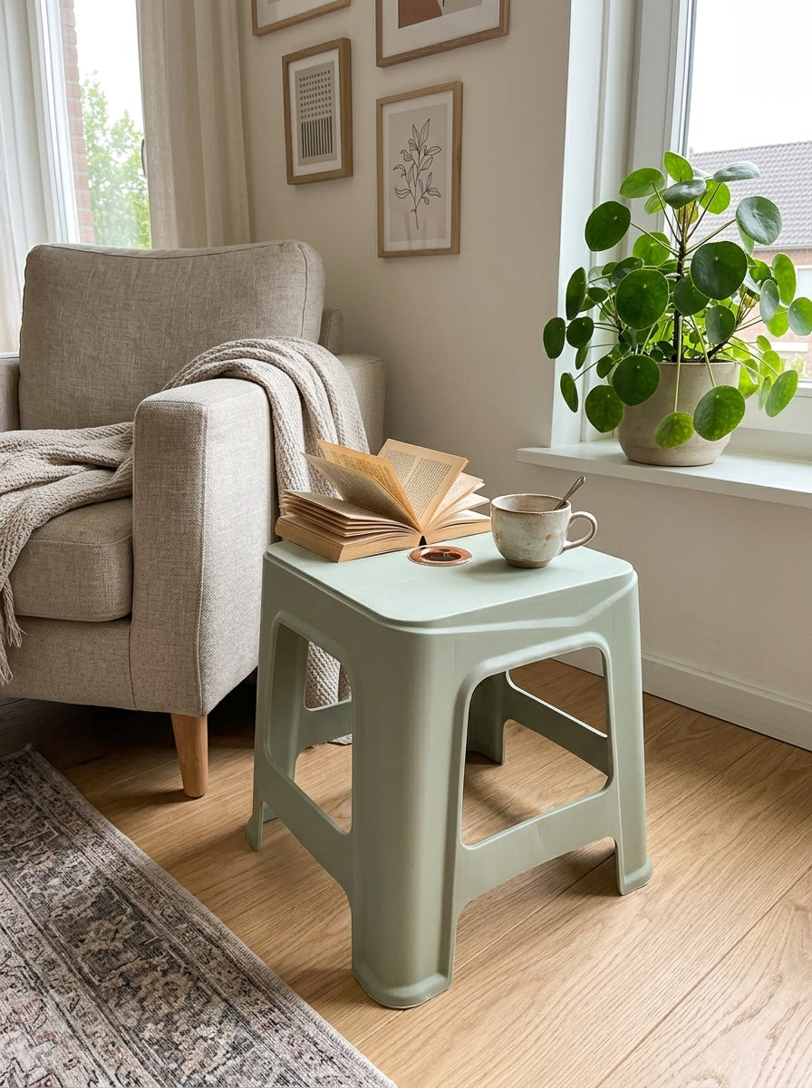 Stool With textured knitted surface and elegant gold rim