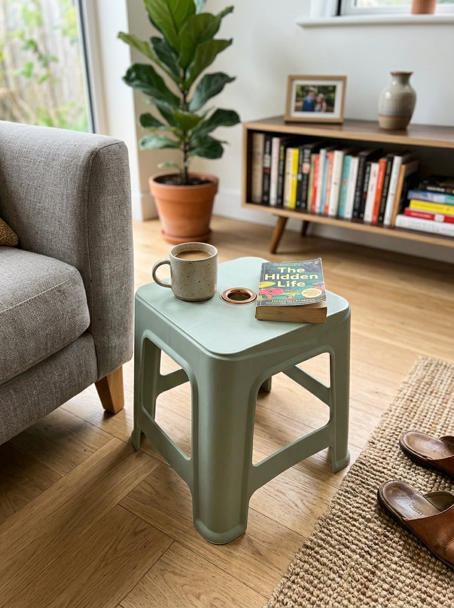 Stool With textured knitted surface and elegant gold rim