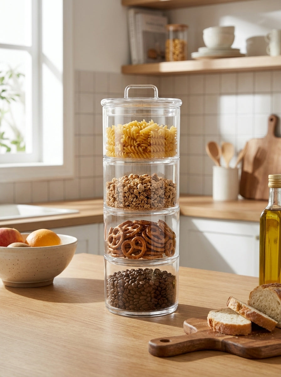 4 Tier - 8cm Stackable Glass Food Container with Glass Lid