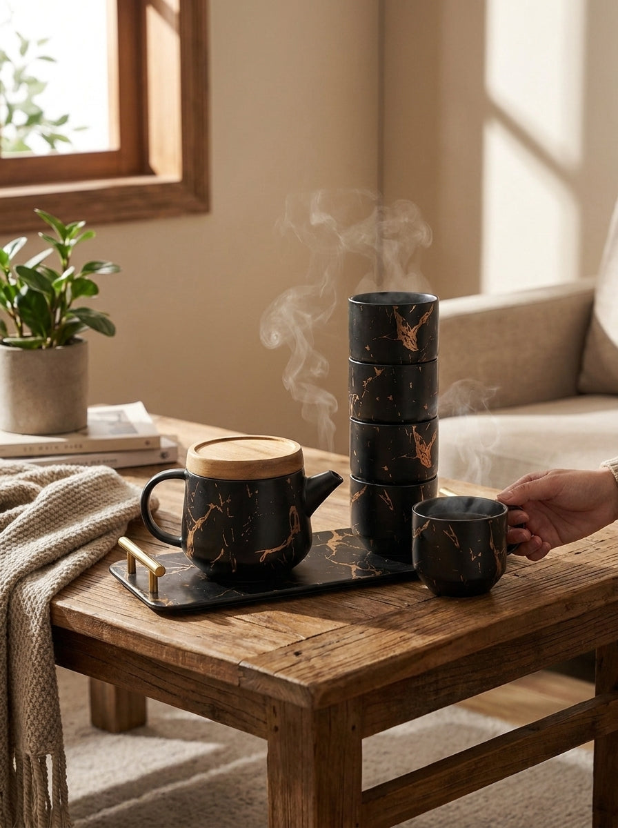 Black Marble Tea Set With Tray