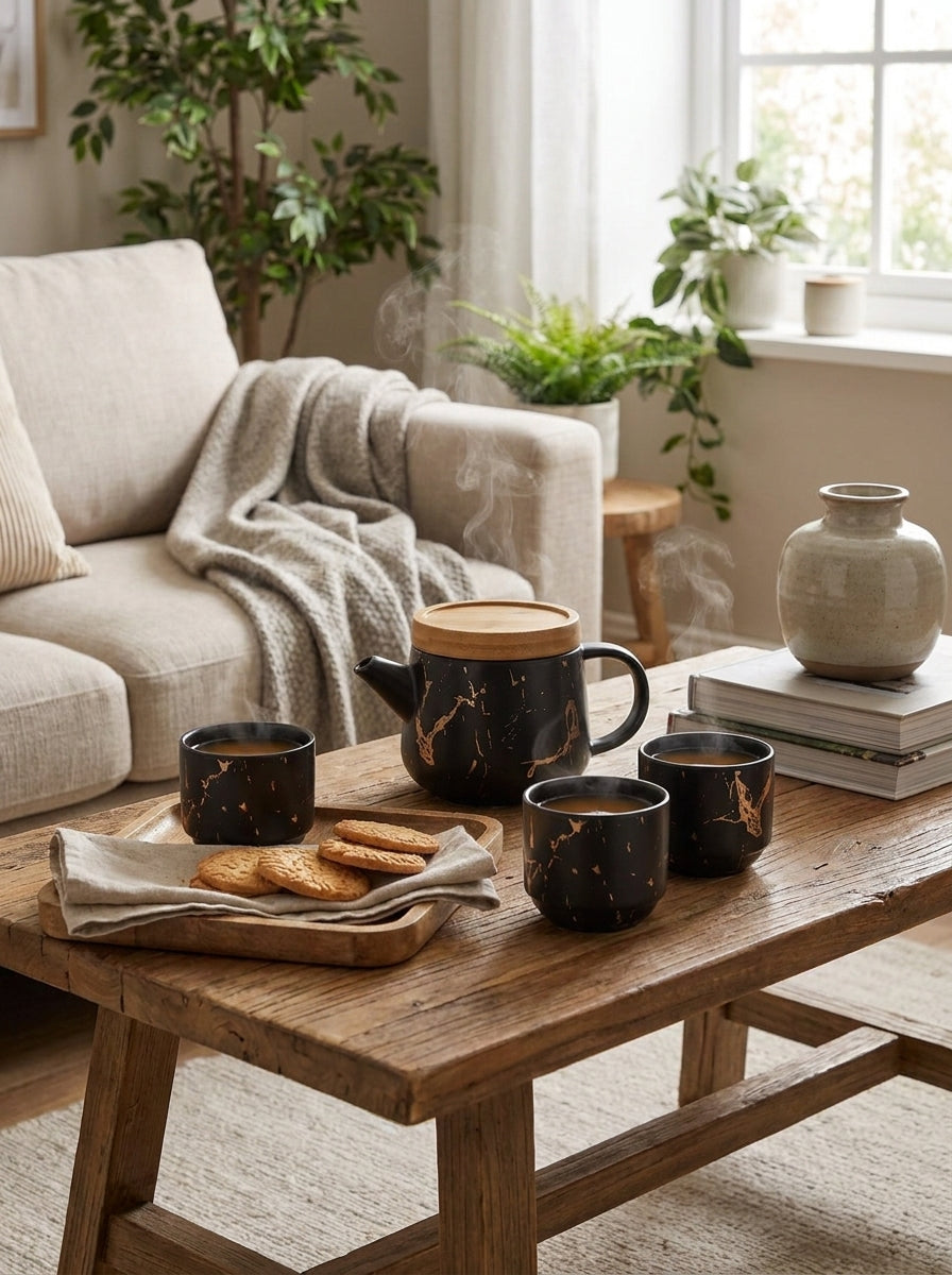 Black Marble Tea Set With Tray