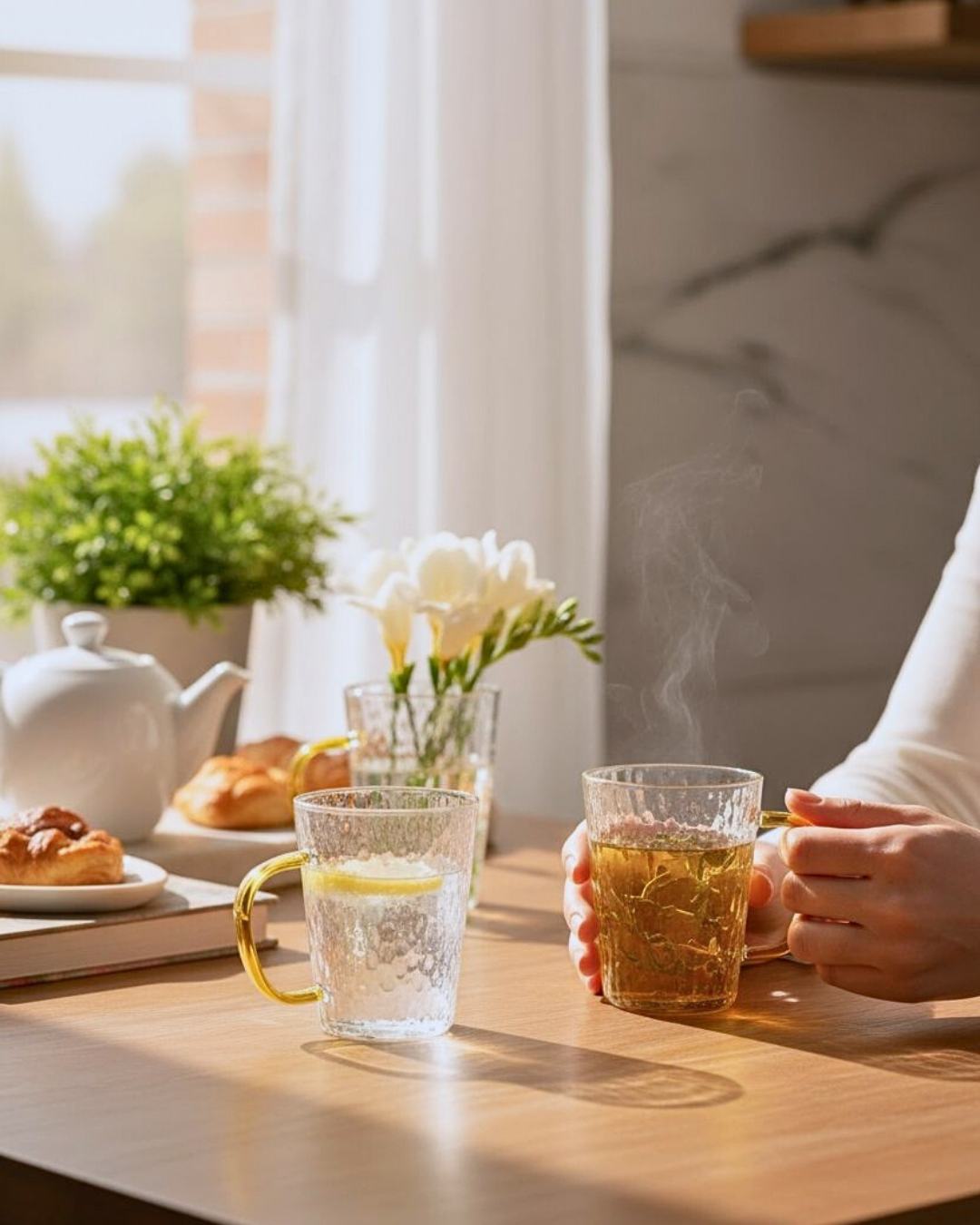 Mug tall ribbed design with amber handle 350ml