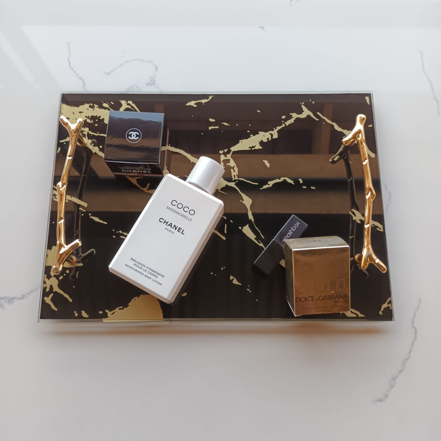 Marble Glass Tray with Gold Handles - Small