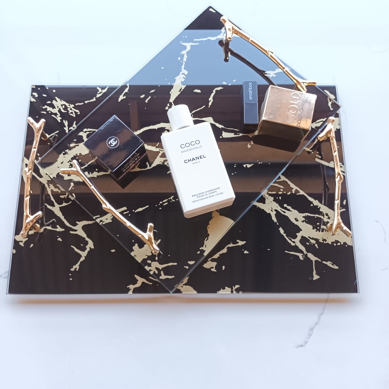 Marble Glass Tray with Gold Handles - Small