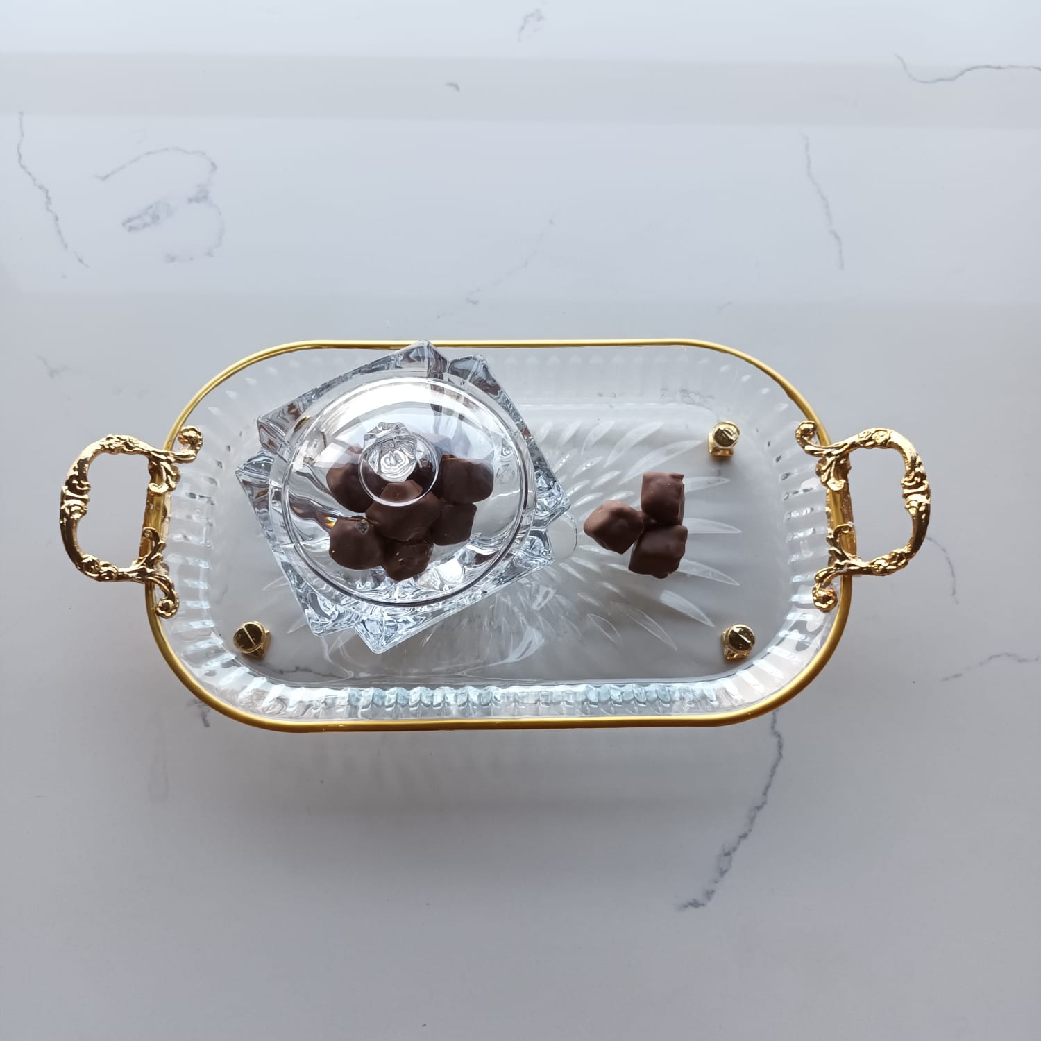 Oval shaped glass Tray with Ornate Handle