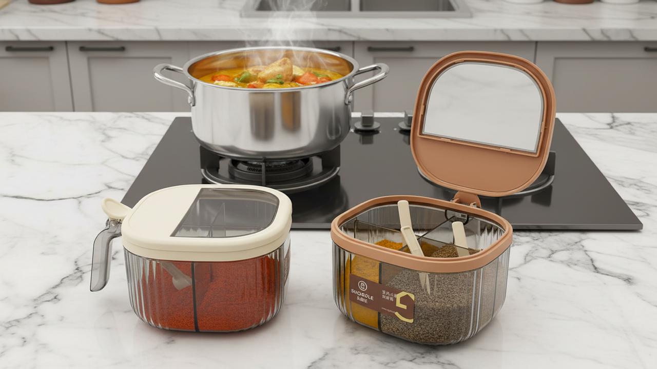 Four-Compartment Square Seasoning Box w/spoons