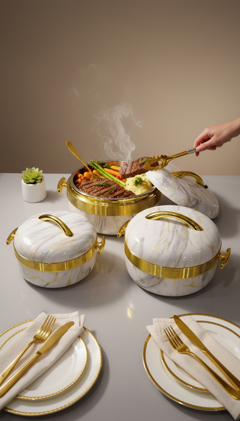 Food Warmer Flask Gold Band Marble effect design Set of Three -