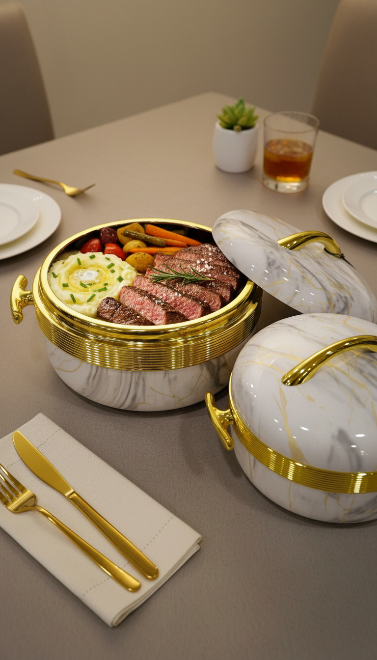 Food Warmer Flask Gold Band Marble effect design Set of Three -