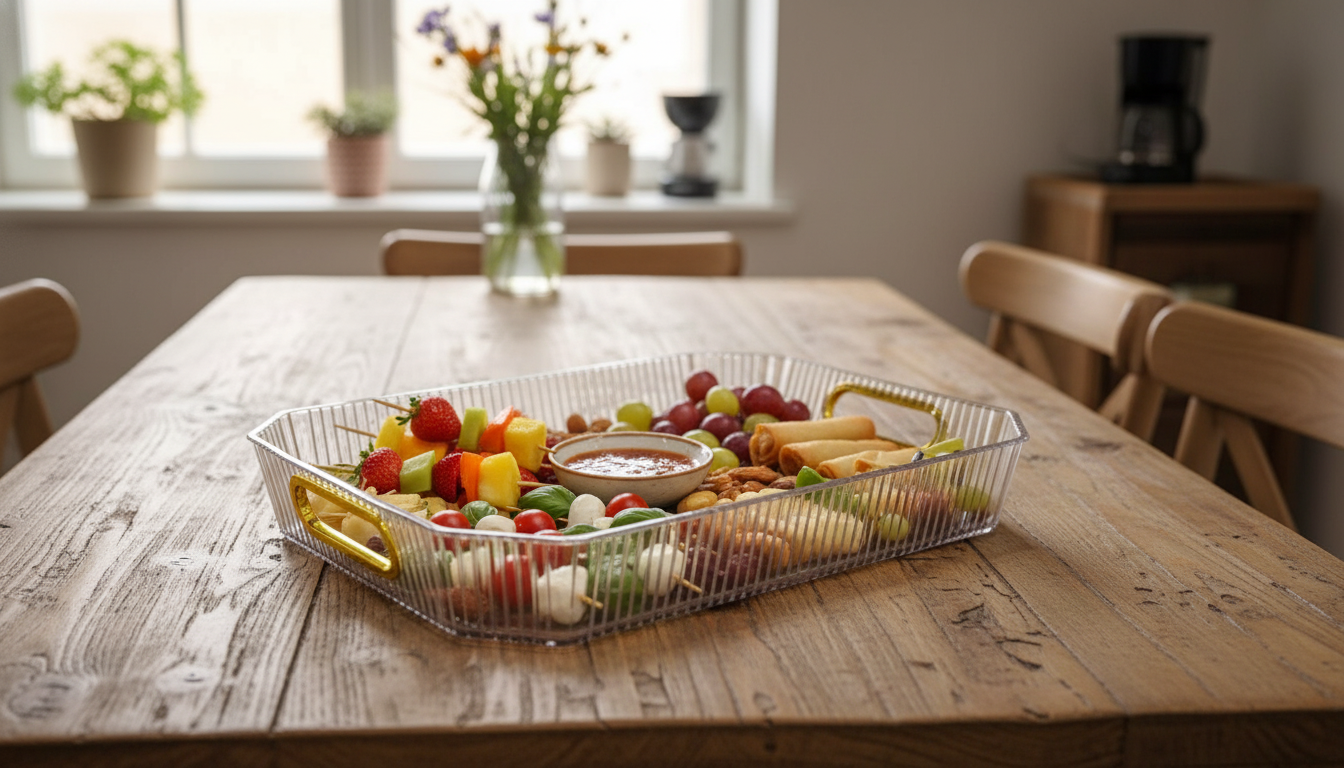 Stylish rectangular tray in clear Acrylic with golden grips