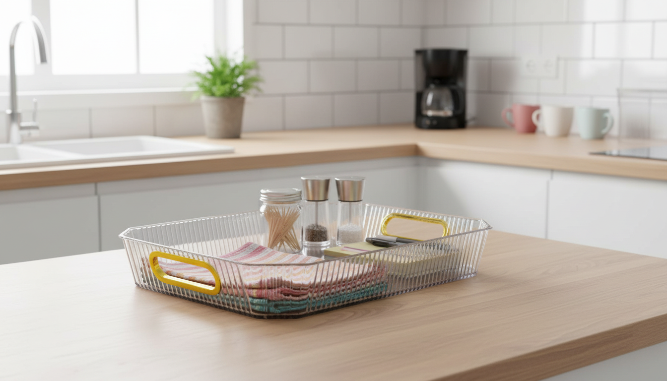 Stylish rectangular tray in clear Acrylic with golden grips