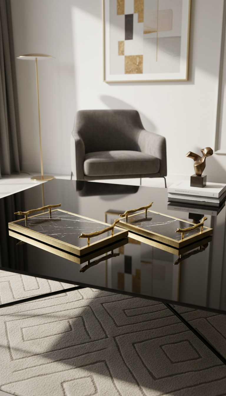 2pc Black tray, golden edged with designer handles