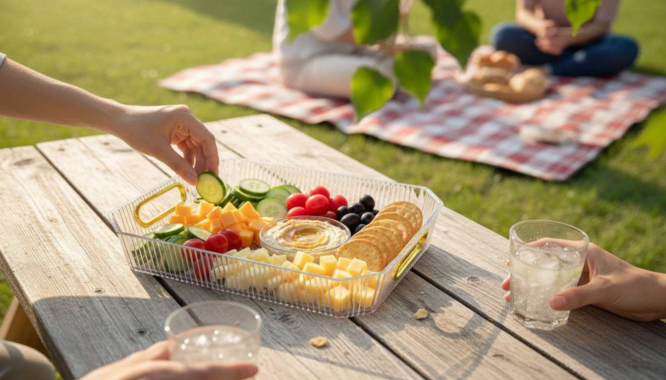 Stylish rectangular tray in clear Acrylic with golden grips