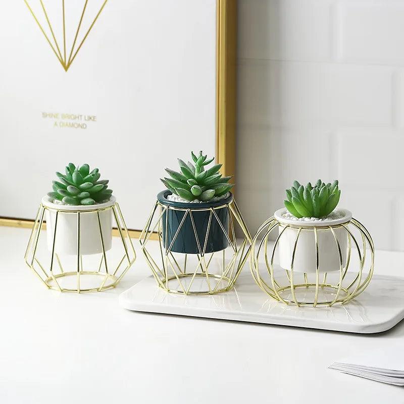 Abstract Round Glass Decor Pot with Golden Cage - curved - Home And Trends